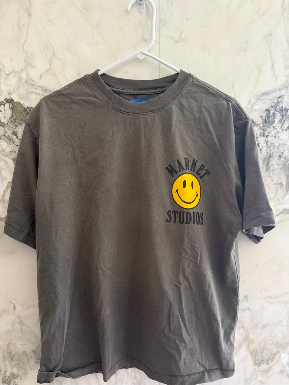 Market Studios Charcoal Gray T-Shirt with Yellow Smiley Graphic
